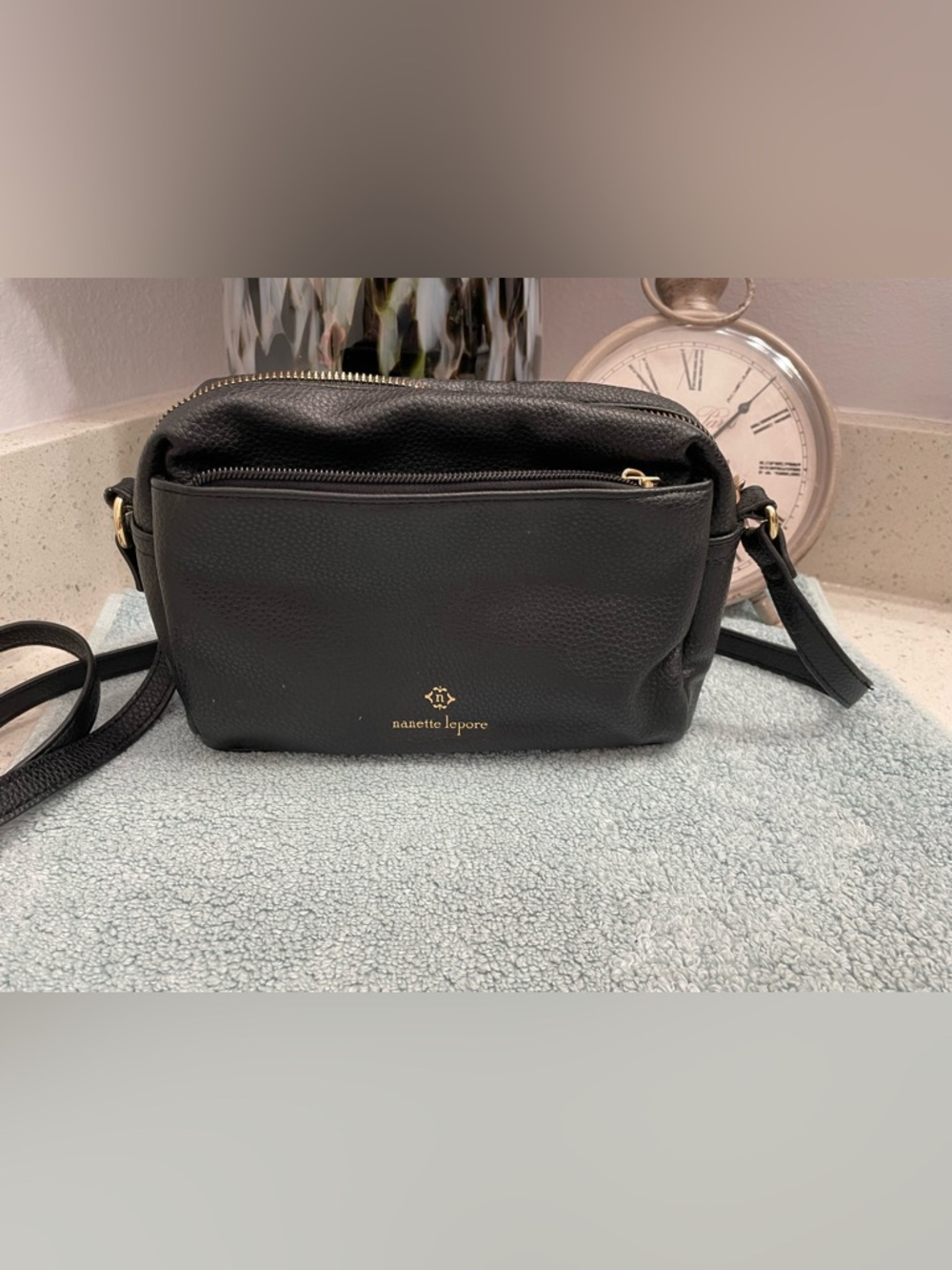 Nanette Lepore Black Pebbled Leather Crossbody with Gold Hardware